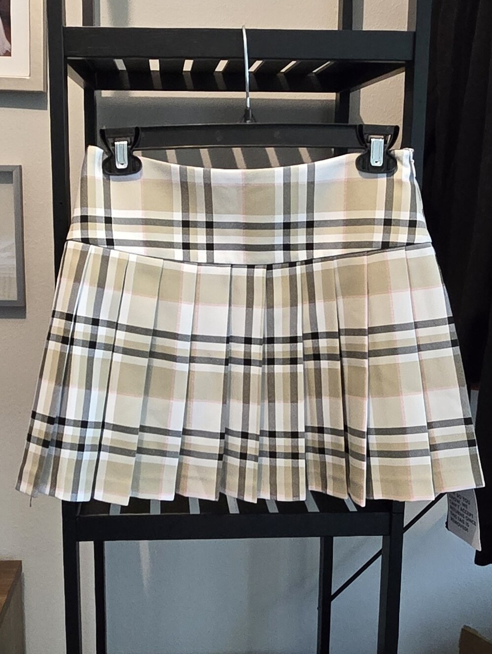 Topshop Beige and White Pleated Plaid Mini Skirt
